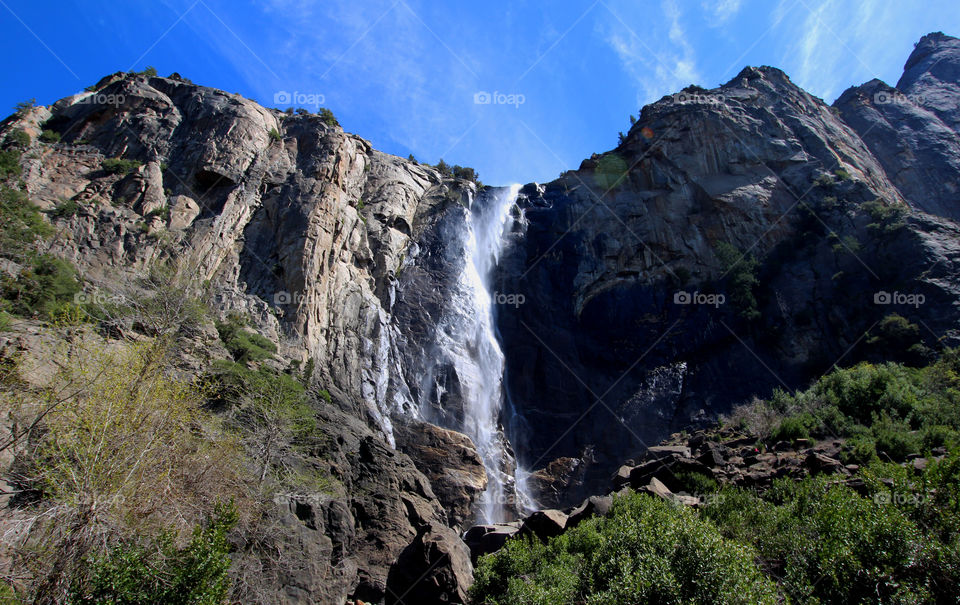 Bridalveil Waterfall. Yosemite bridalveil waterfall. Three shot horizontal panoramic. 