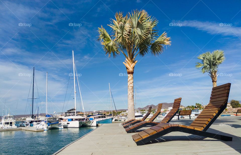 Deck chairs on a marina