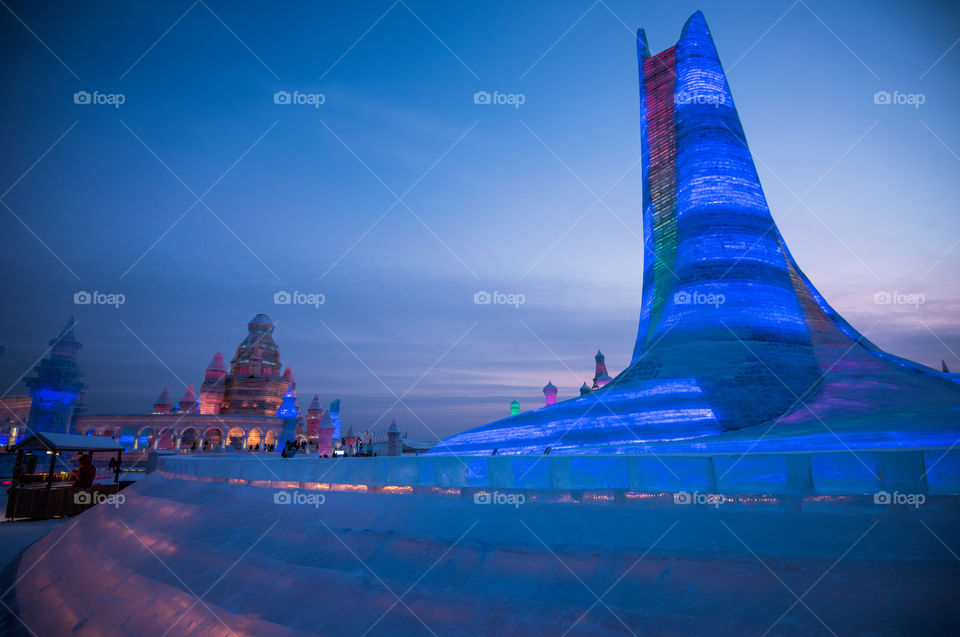Asia china  Harbin ice Festival snow Festival ice sculptures snow building  snow ice in light colorful ice buildings at night