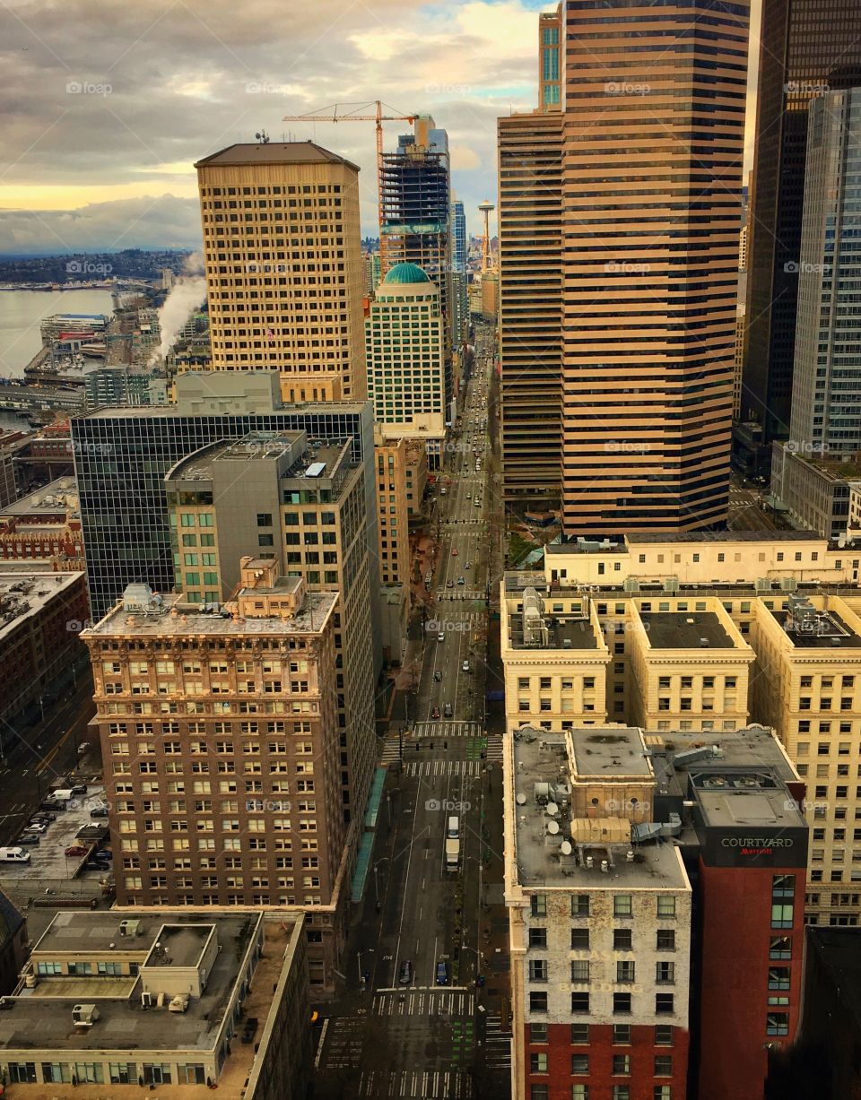 Highrise Towers along Seattle’s 2nd Avenue with the Space Needle at the end of the Street