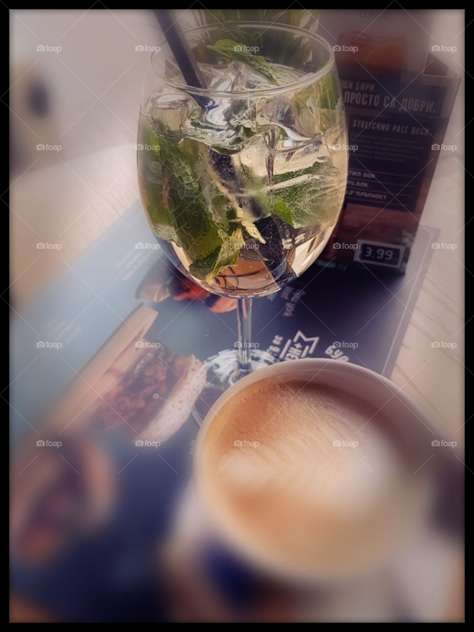 Wine and Bio Juice with Mint and Cappuccino