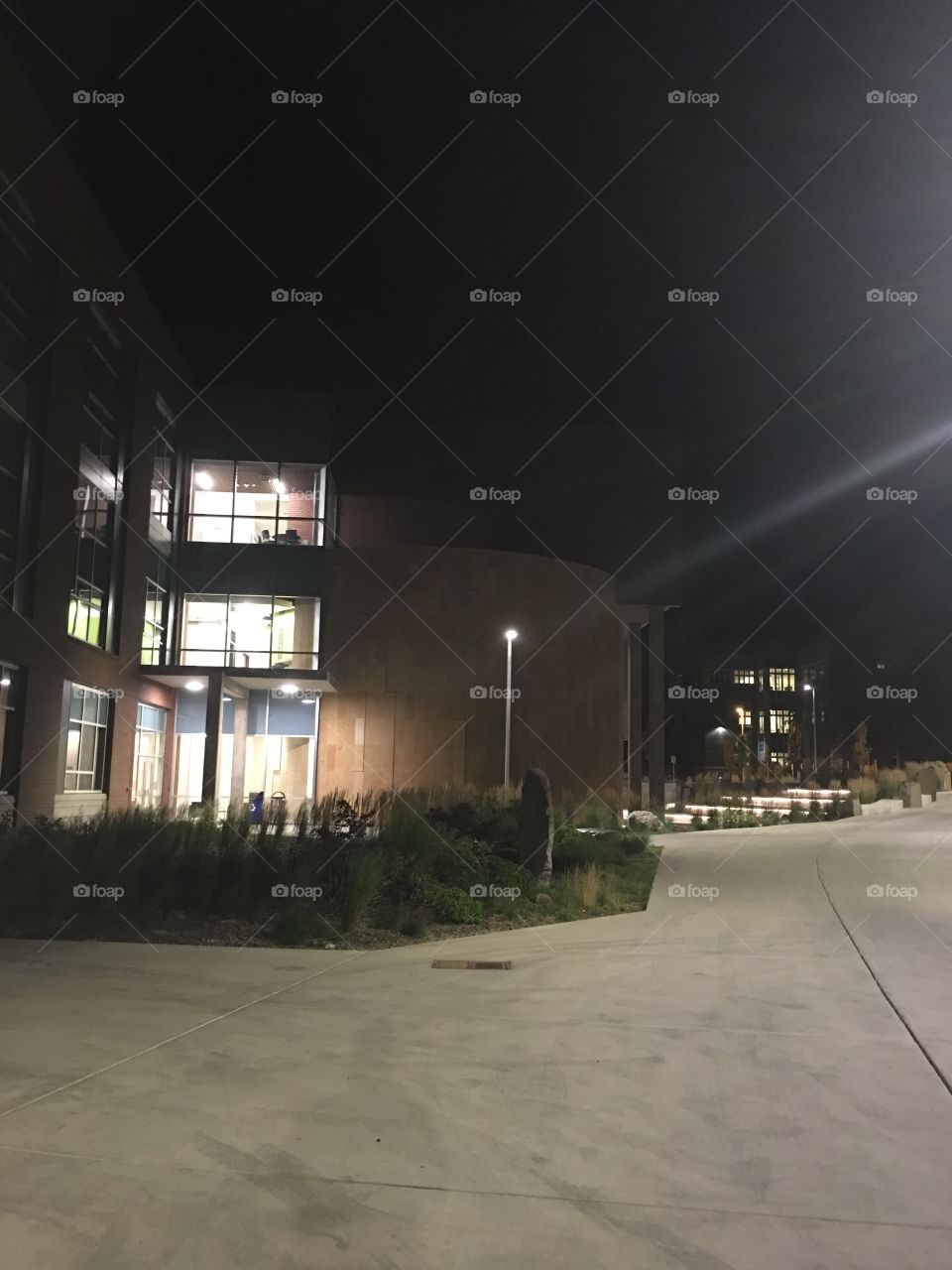 College architecture at night.