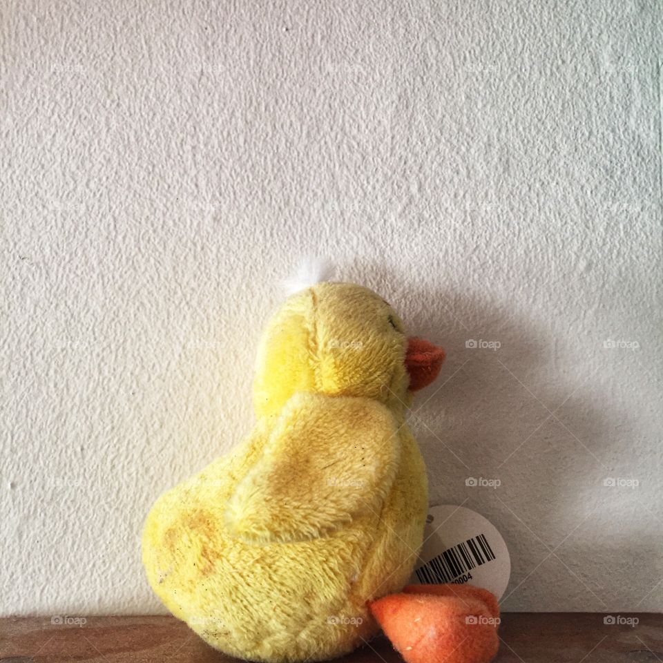 A yellow stuffed duck sitting in front of a wall. The duck had a white tag on it. 