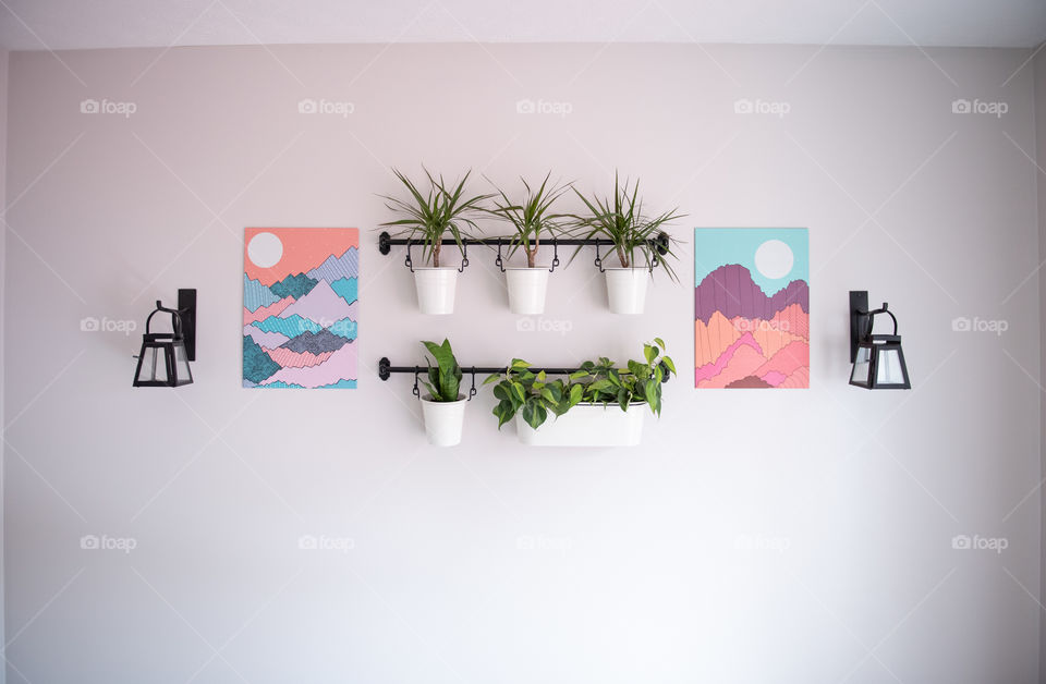 Wall art and hanging houseplants
