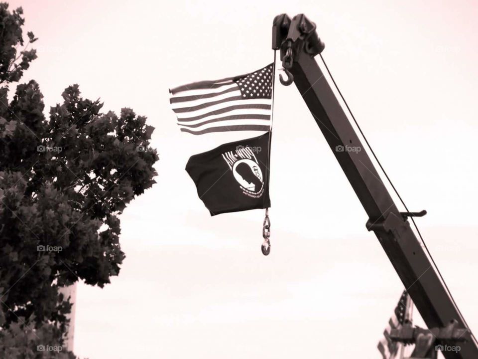 Crane holding POW and American flags. took this on the 4th of July.
