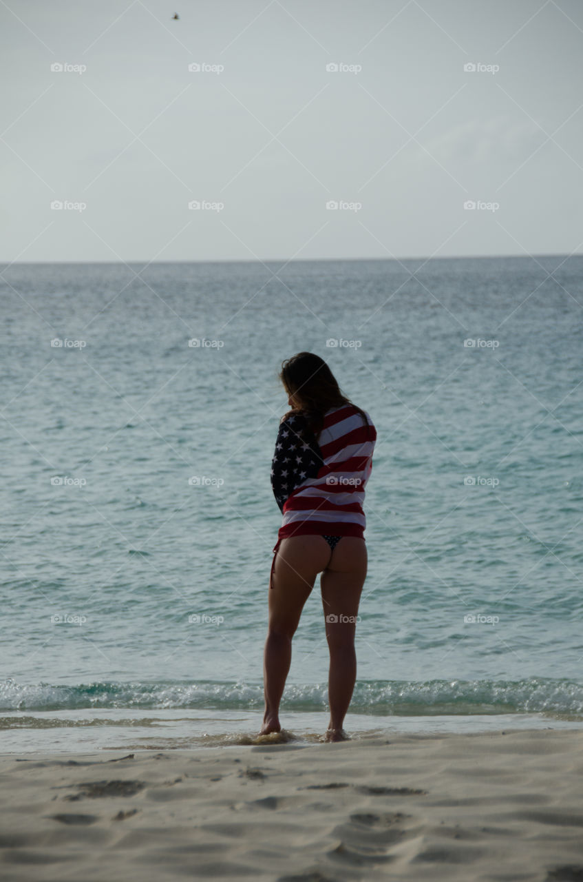 American flag girl on beach sexy