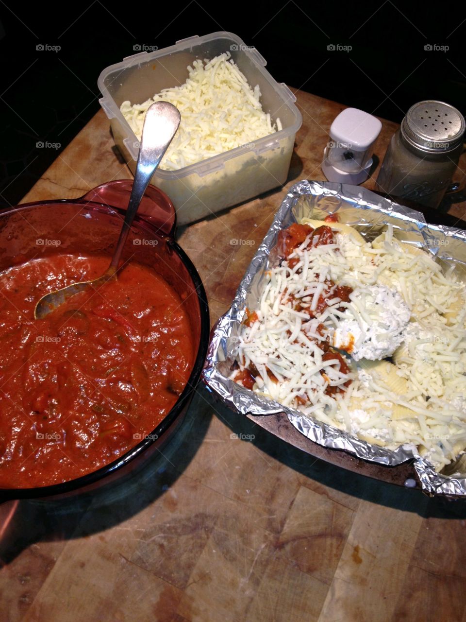 Parmesan, either chicken or eggplant handmade with ingredients shown here.