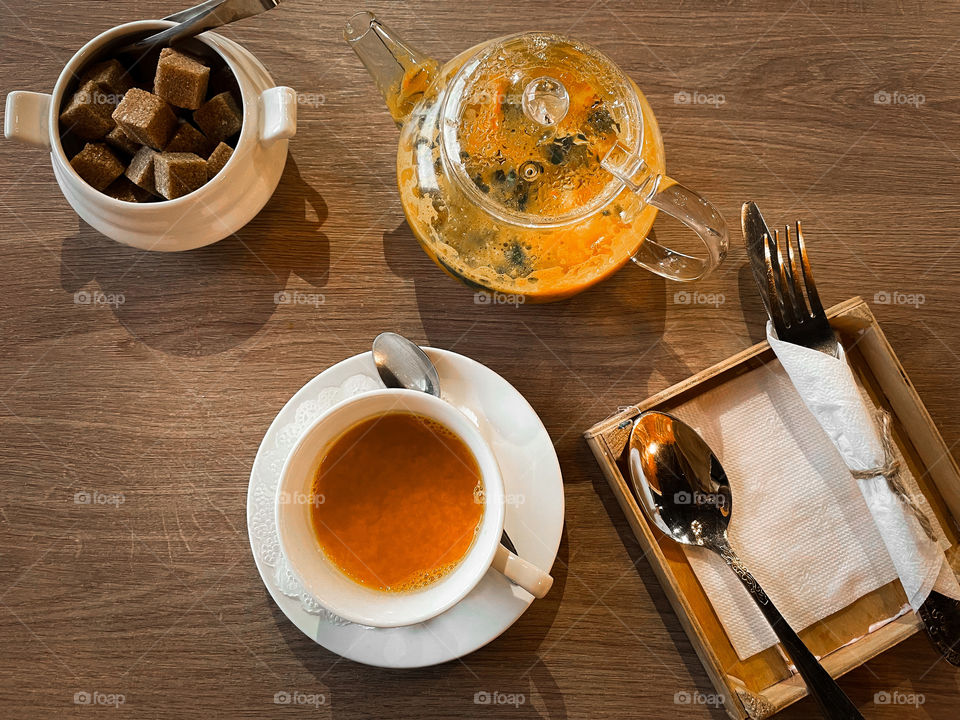 Pasta and buckthorn tea with honey