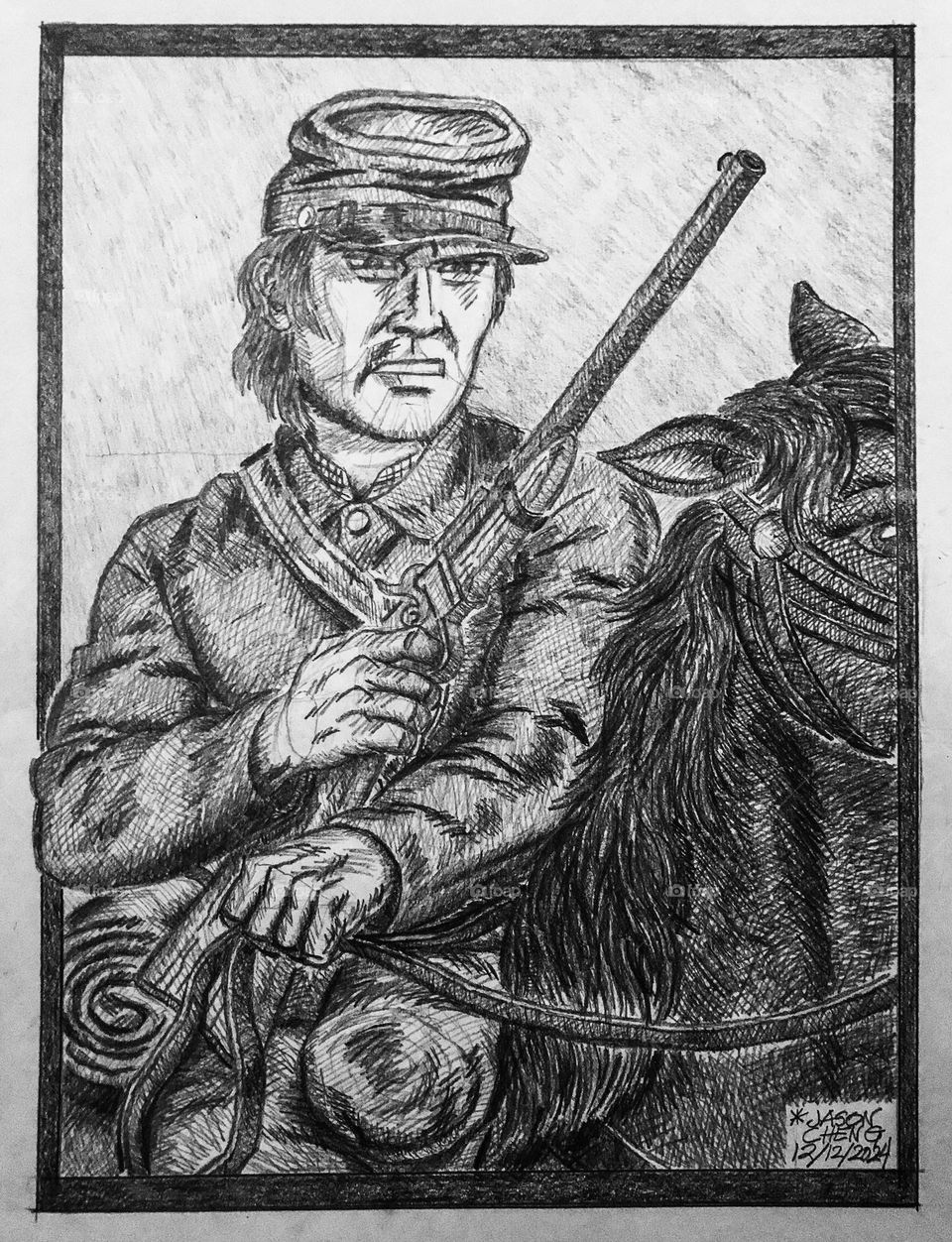 A detailed artwork of a Civil War Union cavalryman on campaign.