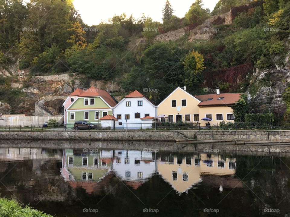 Cesky Krumlov riverside reflection