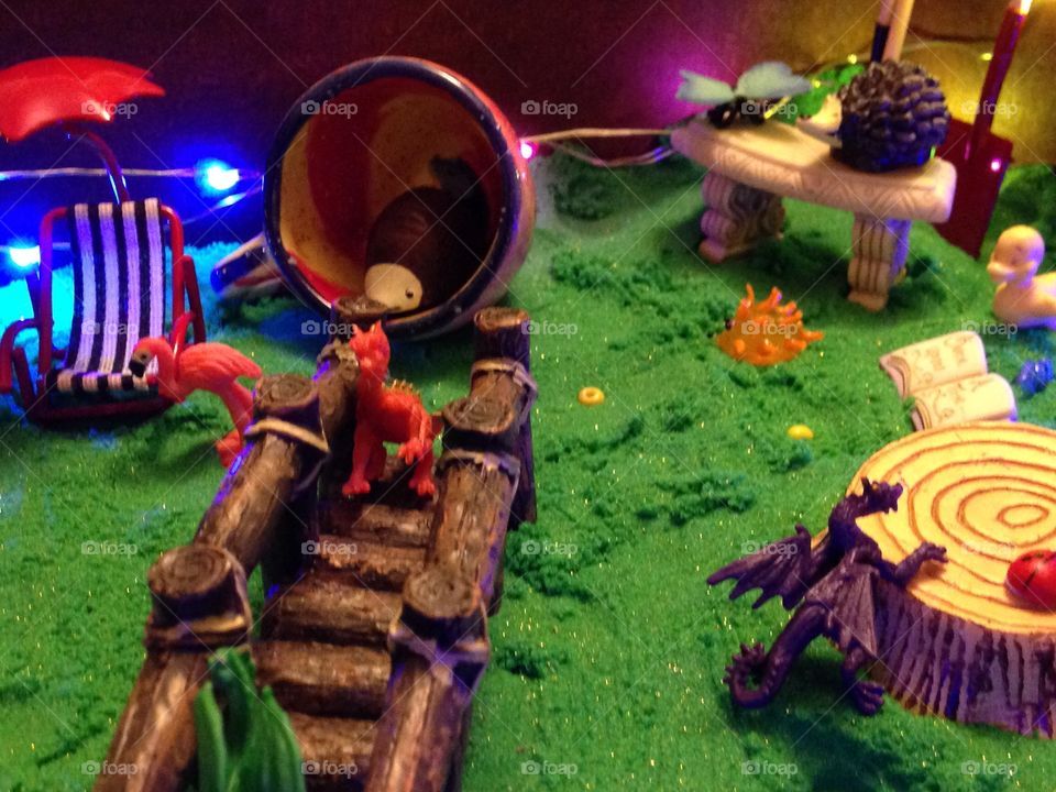 Fairy garden, busy with dragons and hedgehogs