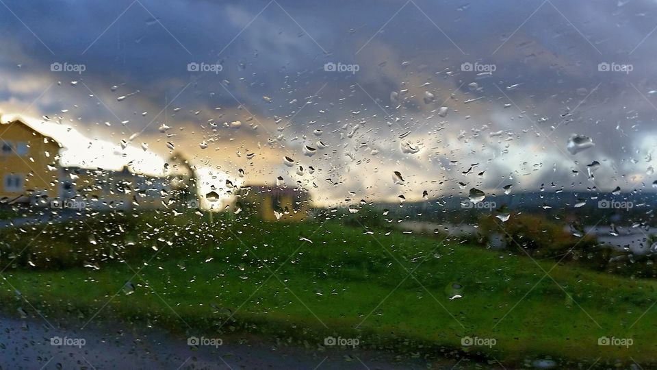 Raining outside the window.