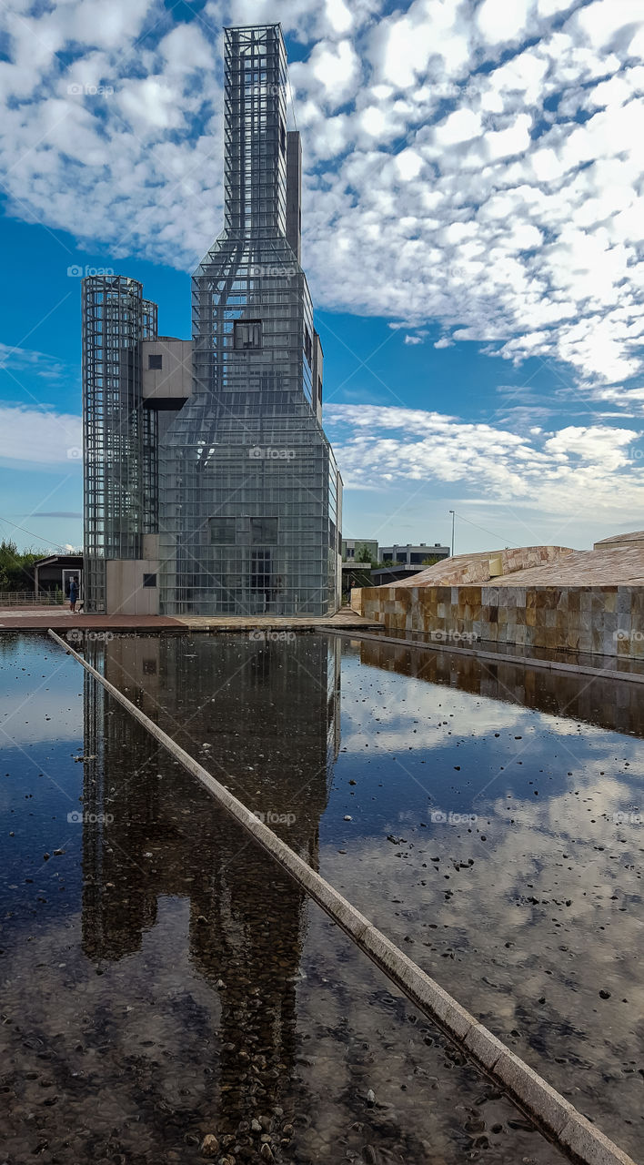 Hejduk Towers and reflection, City of Culture, Santiago de Compostela, Galicia, Spain.