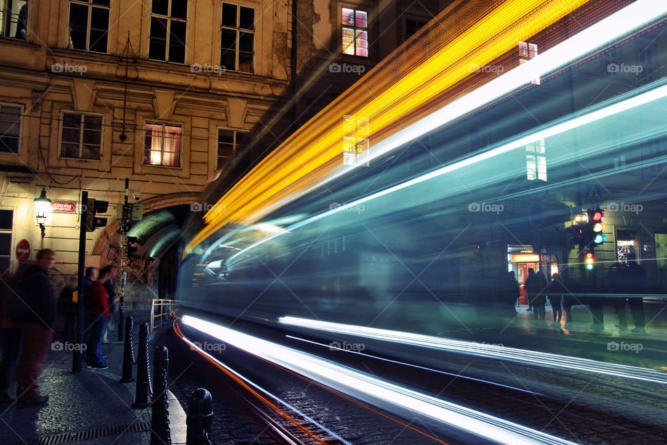 Light trail from a passing tram