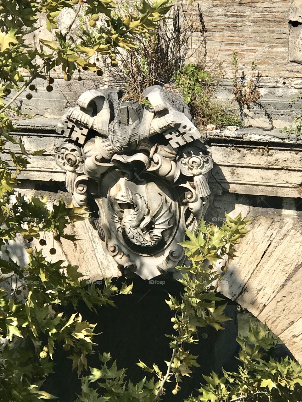 The Crest on the ruins of the old bridge across the Tiber River from Rome to Trastevere 