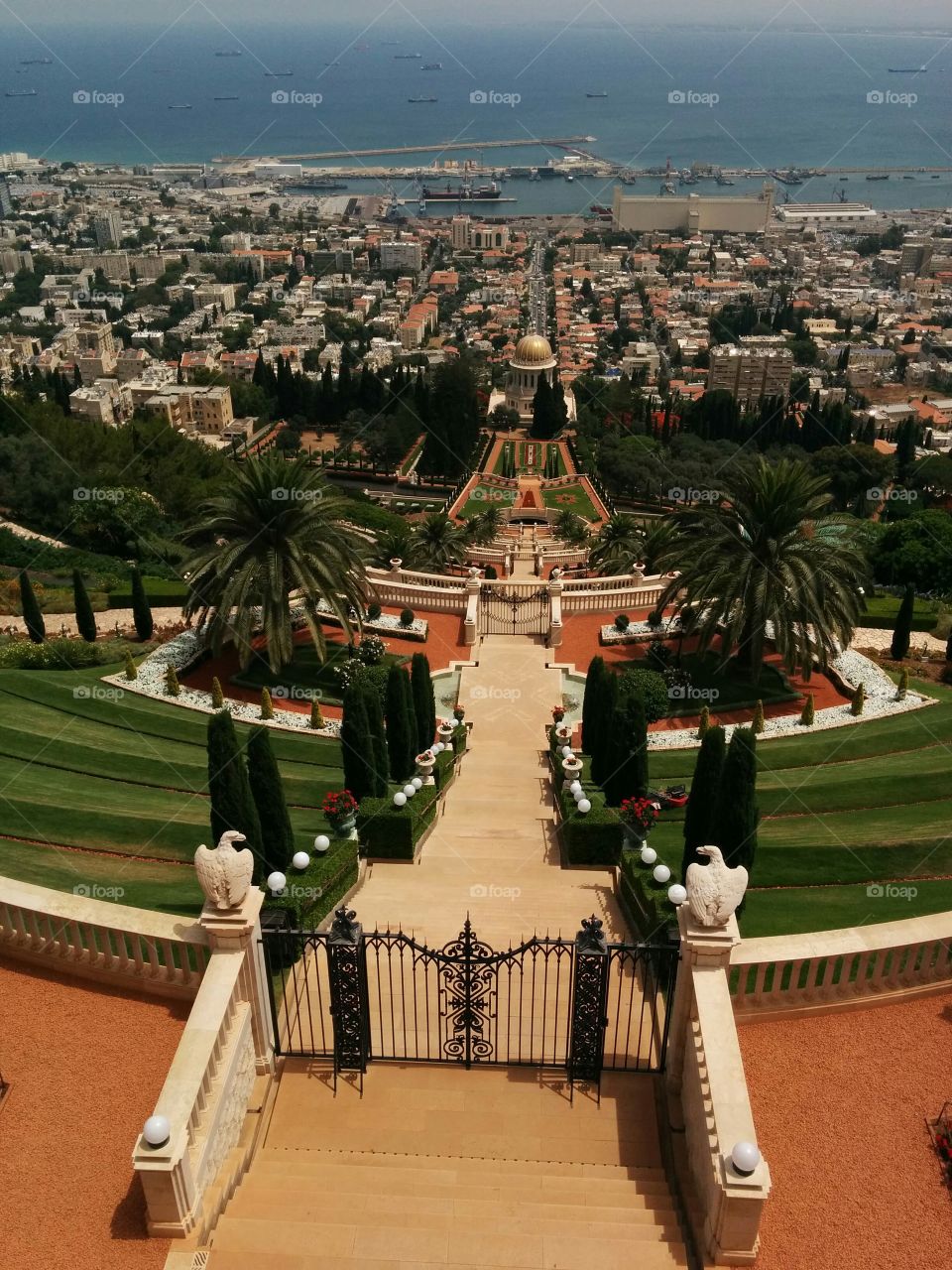 B'hai Gardens Haifa. View from the top of the B'hai Gardens, overlooking Haifa and the Haifa Port