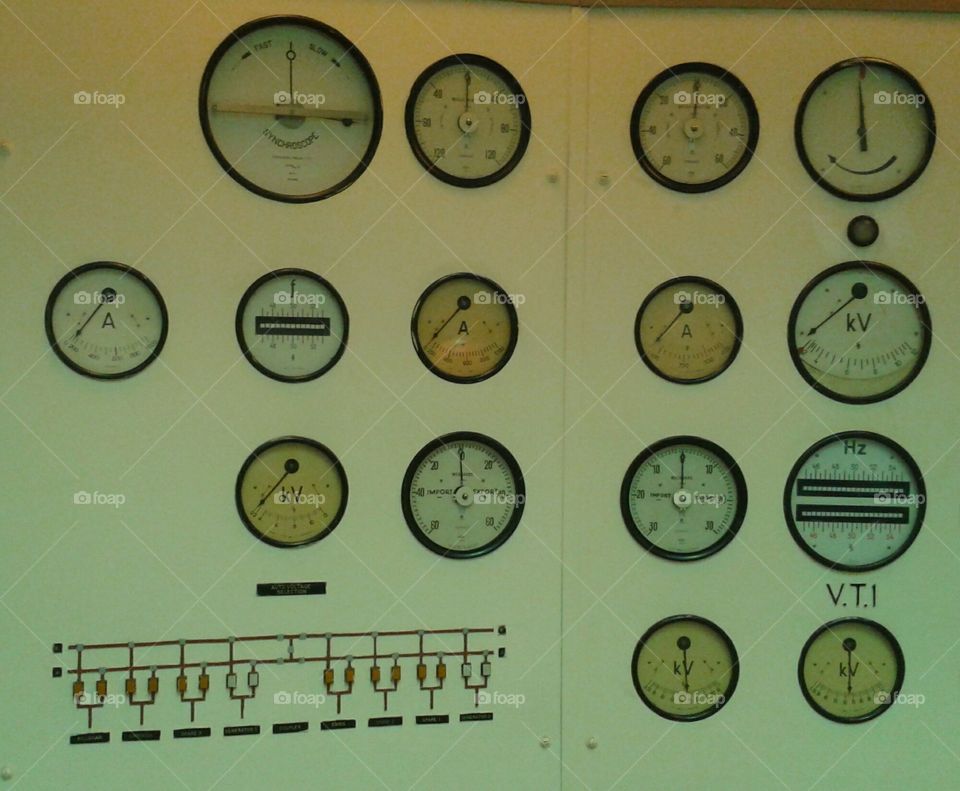 Dials and gauges. Old-fashioned machinery, instruments, dials and gauges in a hydroelectric power plant.