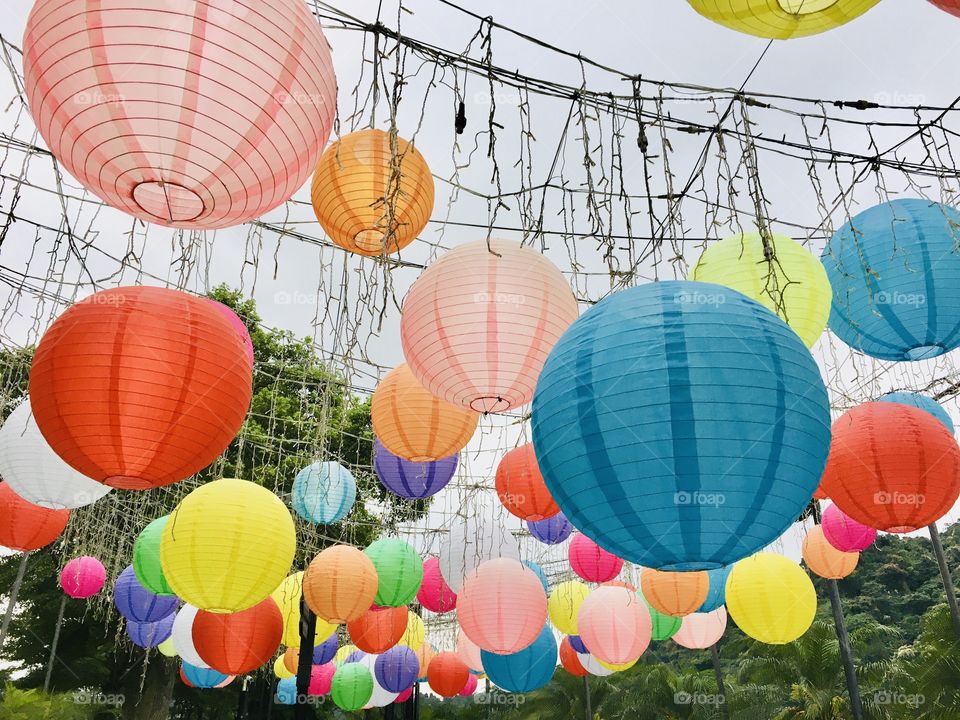 Decorative hanging balloons near the tourist spot of xindian district.