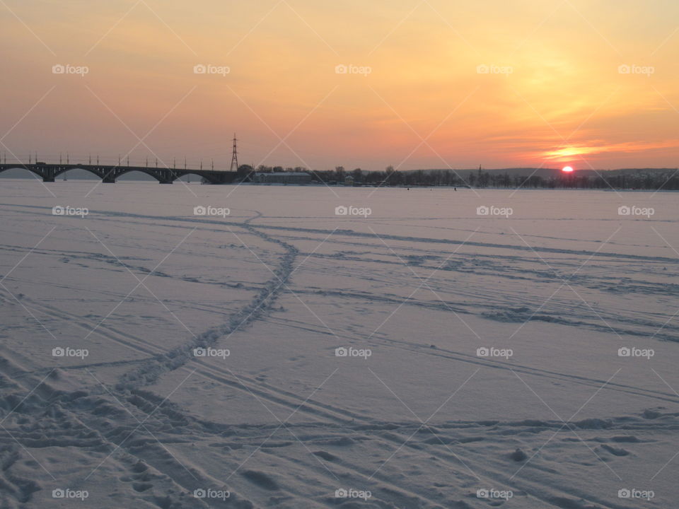 sunset in winter in Central Russia, Voronezh, January, Epiphany frost