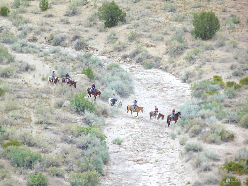 A team of trail riders crossing a dried up creek bed.  