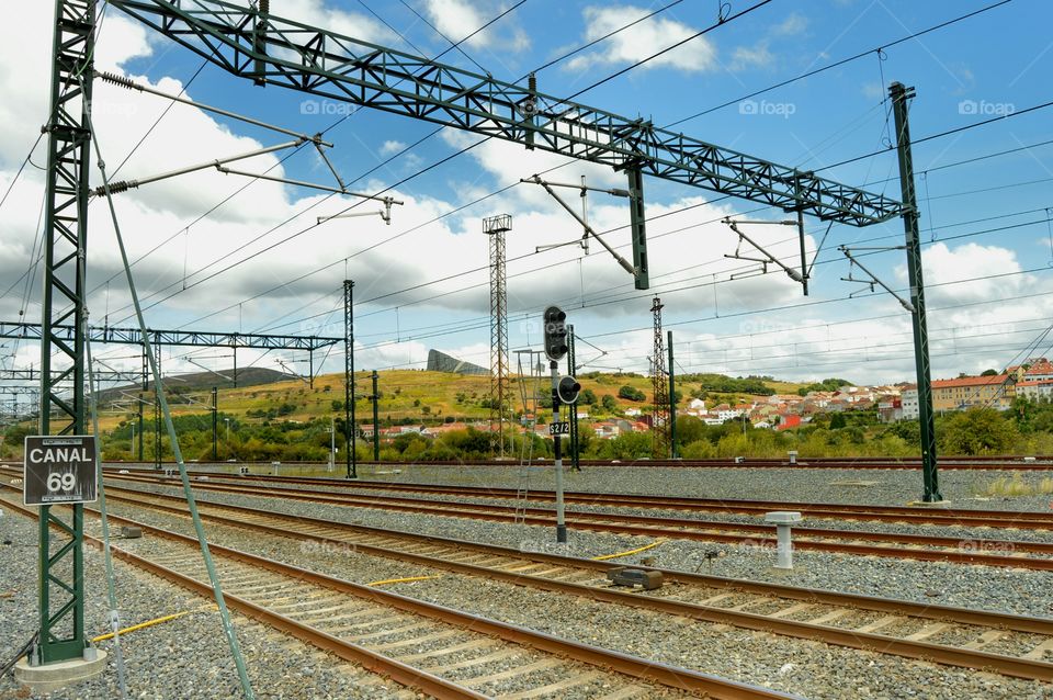 View from the platform. View from Platform 1, Santiago de Compostela railway station, with the City of Culture in the background.