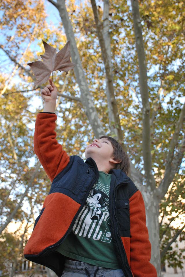 Laughing child having fun with fallen leaves in autumn season.