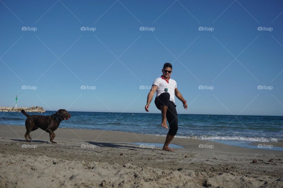 Beach#circles#sea#human#dog#activities#playing