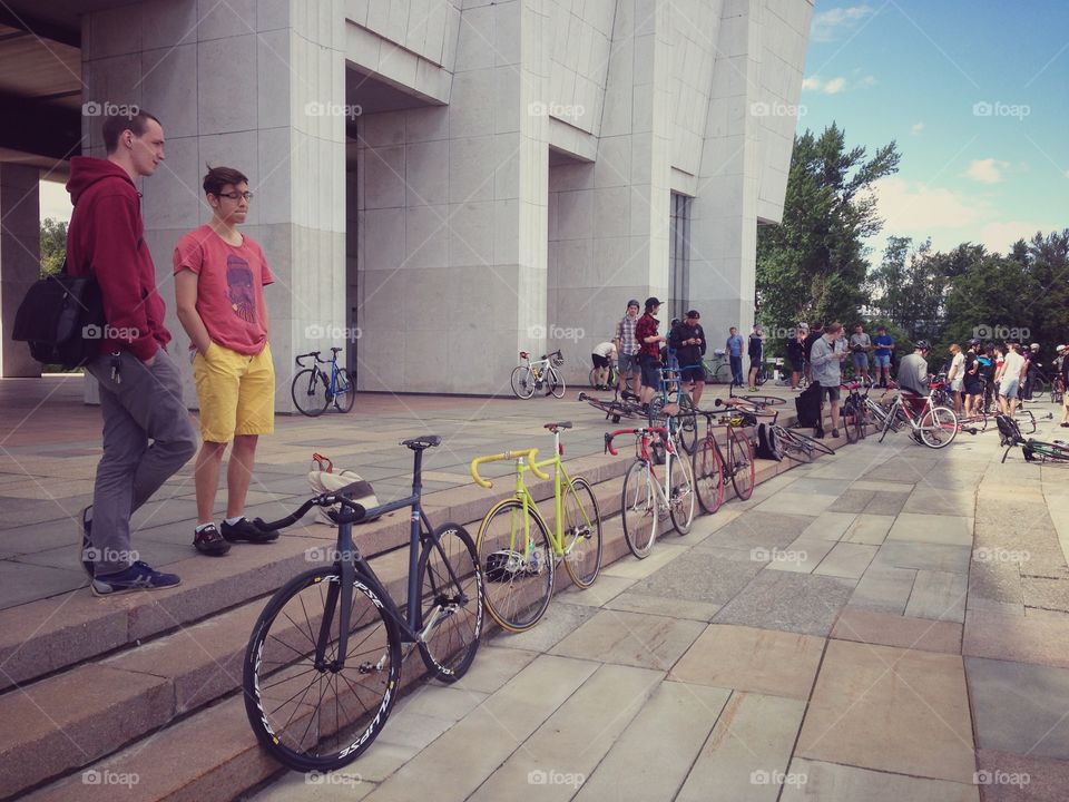 Fixed gear bicycles before the start of the bicycle race in Moscow, Russia
