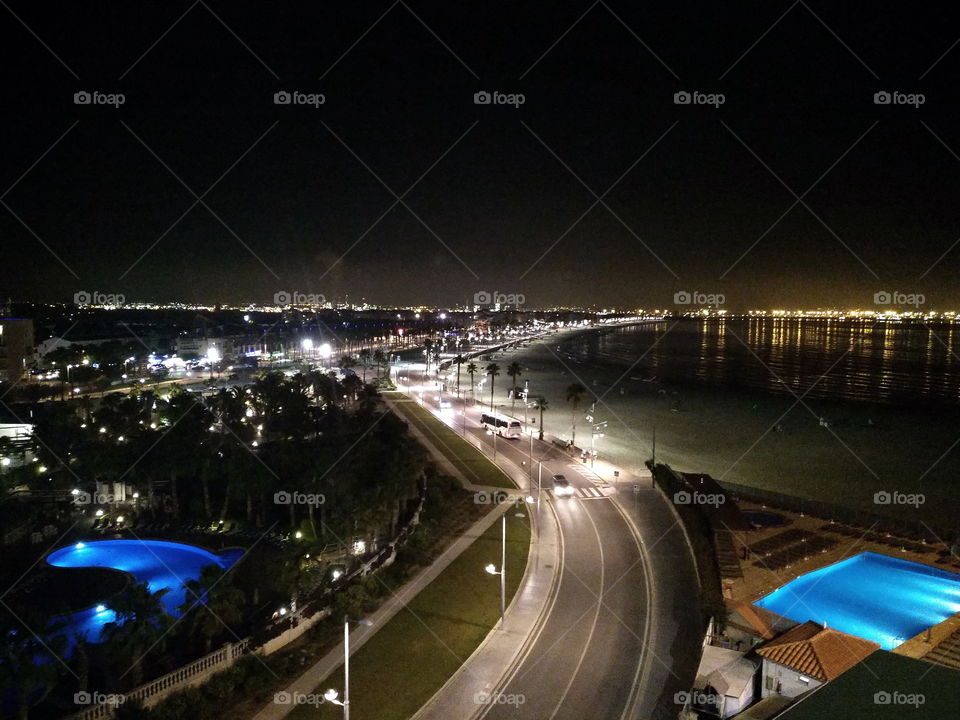 Catalonia. Night view of la Pineda beach. View from the Golden Donaire Hotel.