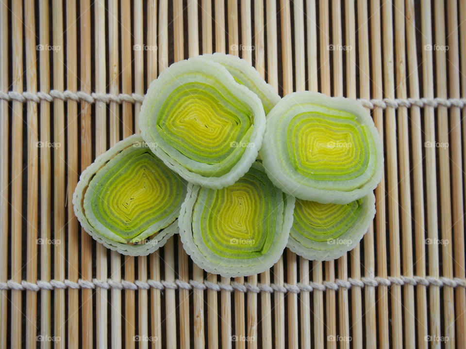 High angle view of leek slice