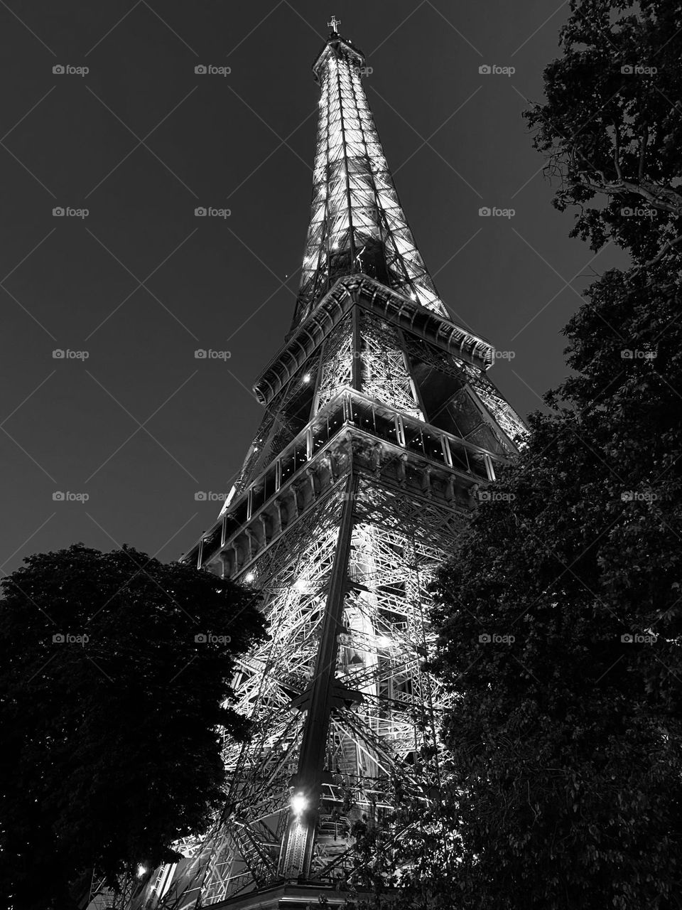 Eiffel Tower at night in black and white