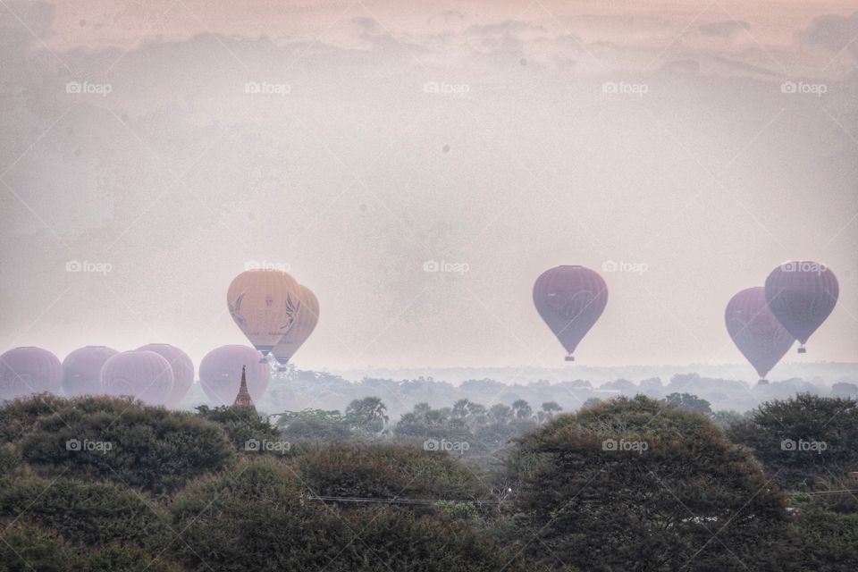 Balloon floating over Pagoda in morning is a nice scene of Bagan Myanmar 