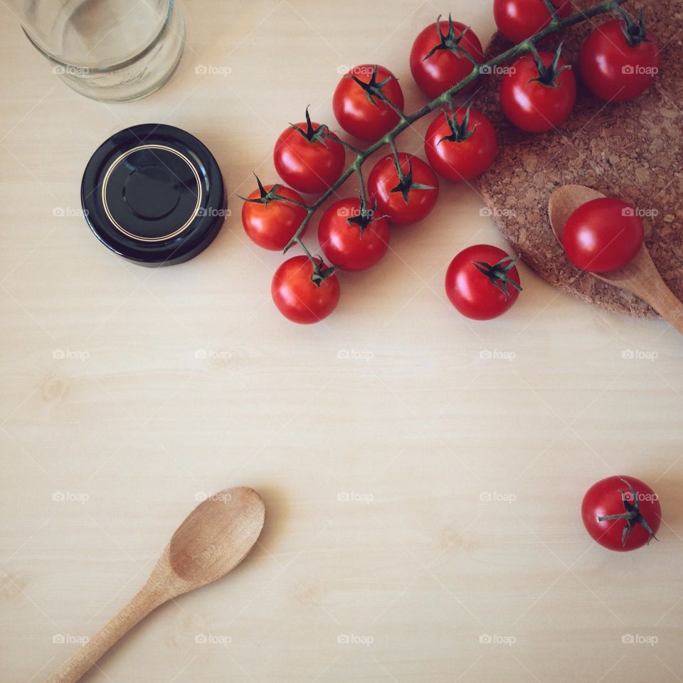 Cherry tomatoes on wooden table