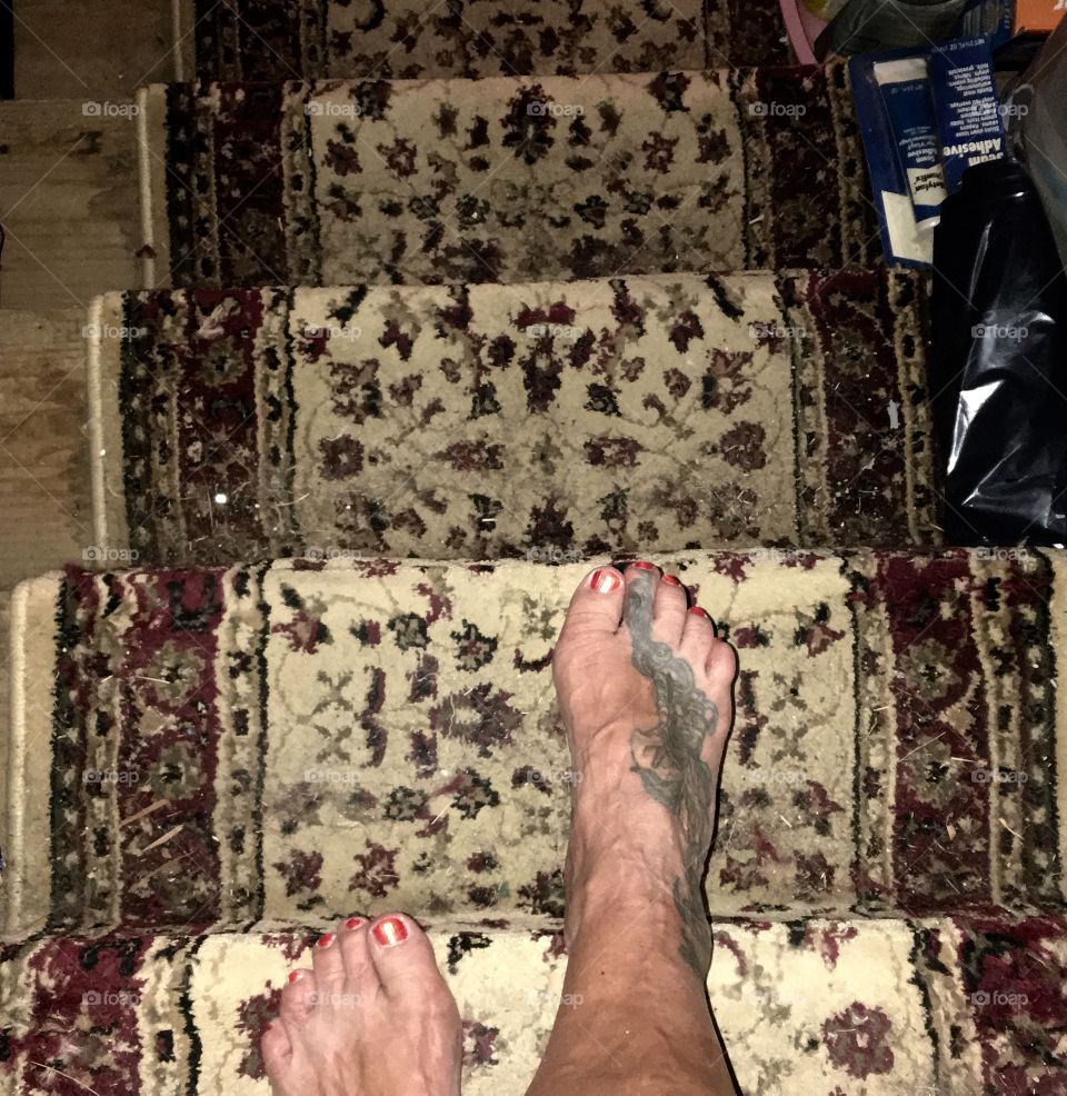 Descending stairs - From Where I Stand. Stepping barefoot down into cellar👣by a woman!