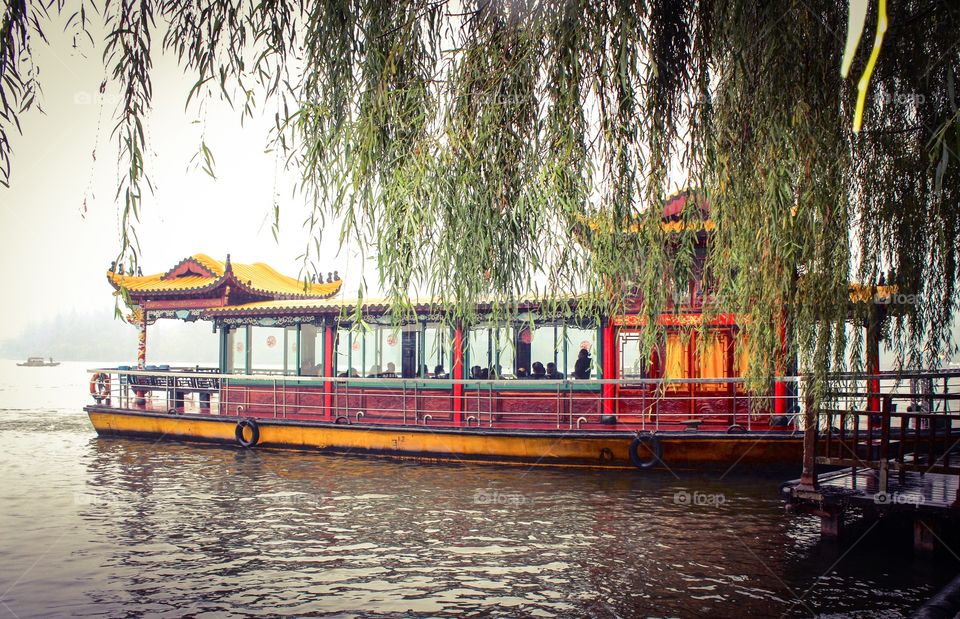 Boat in a scenic lake 