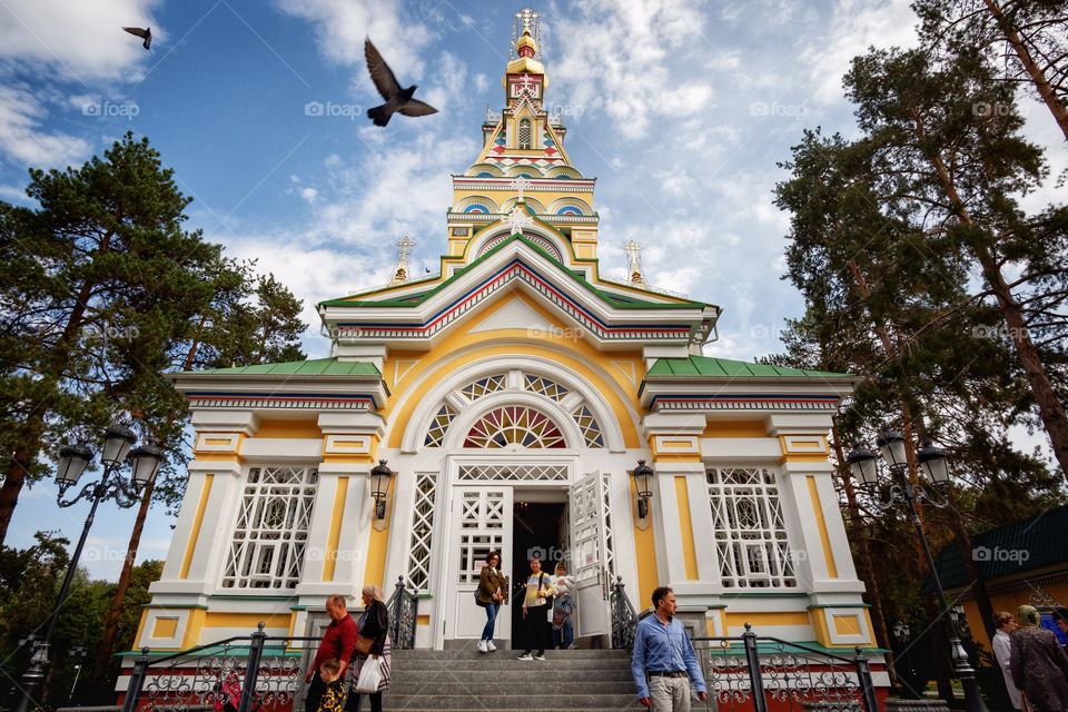 Zenkov's Cathedral in Kazakhstan , the cathedral is made out of wood but without nails. Its height is 56 meters tall, and is claimed to be the second tallest wooden building in the world.