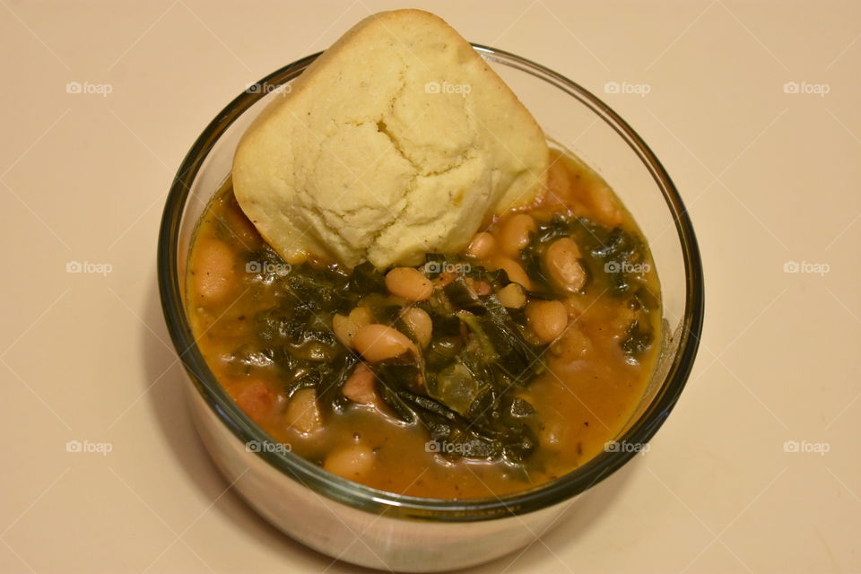 white bean and collard soup with cornbread.