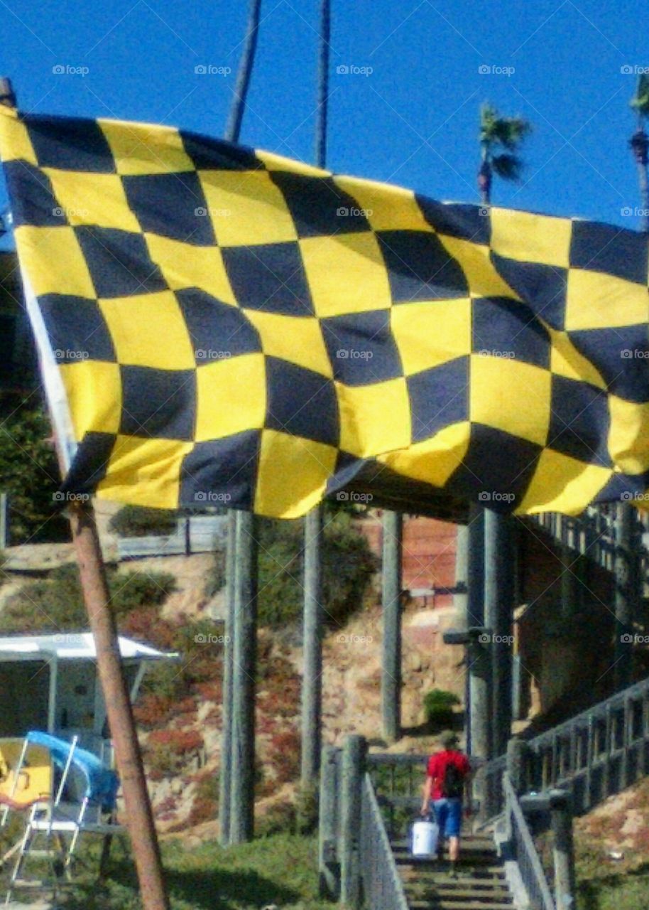 Checkered flag placed by San Diego Surf Rescue lifeguards indicating the demarcation between the surf only area and the swim only area. 
Image was taken on the shore at Pacific Beach, CA.