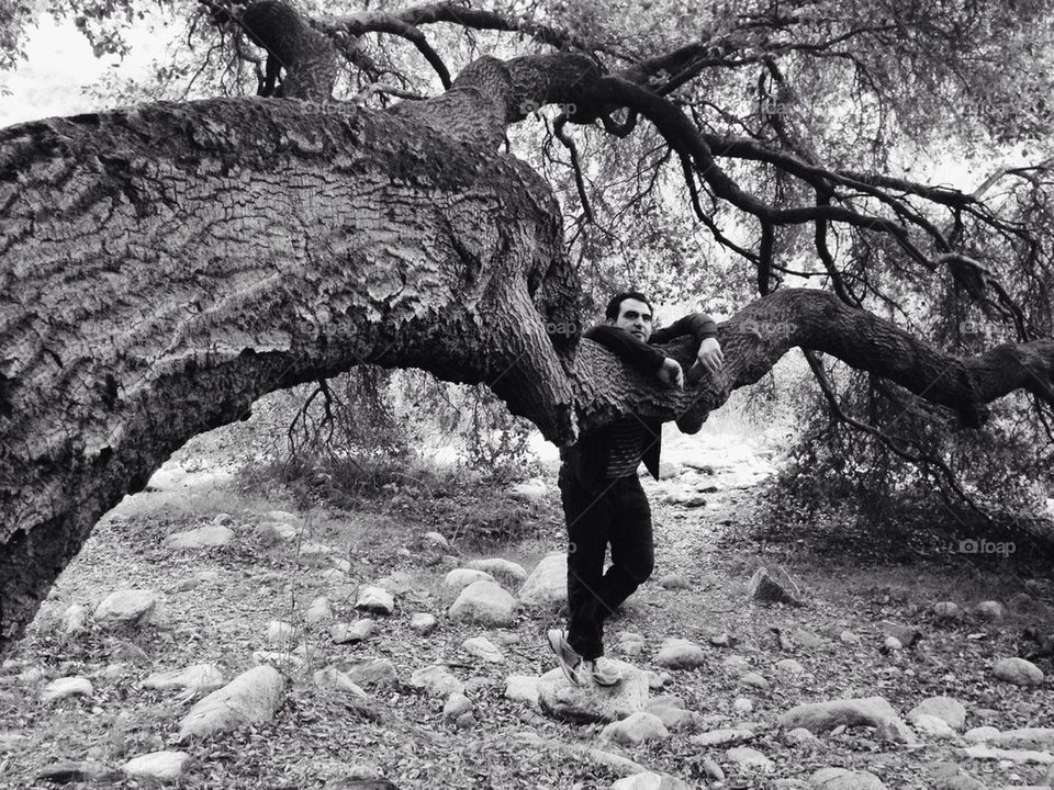 Man leaning on tree