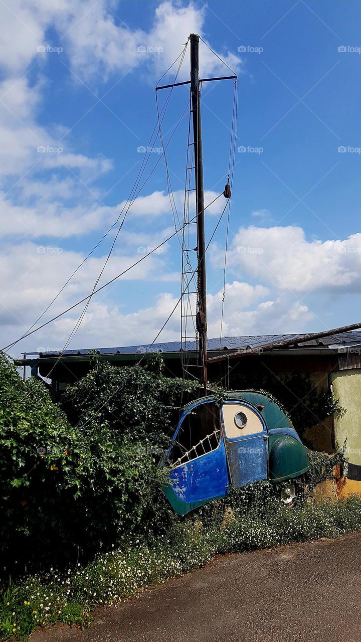 A blue & green sailboat car invaded by bushes