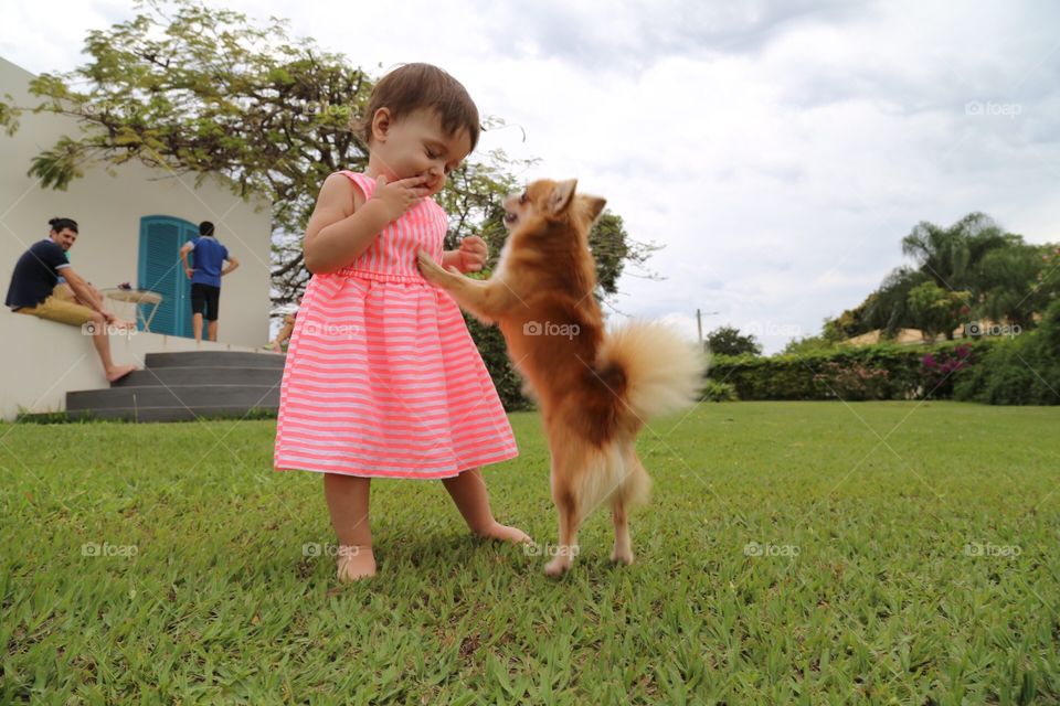 Kid playing with dog