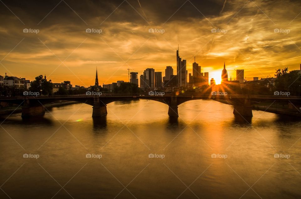 Frankfurt am Main skyline at sunset