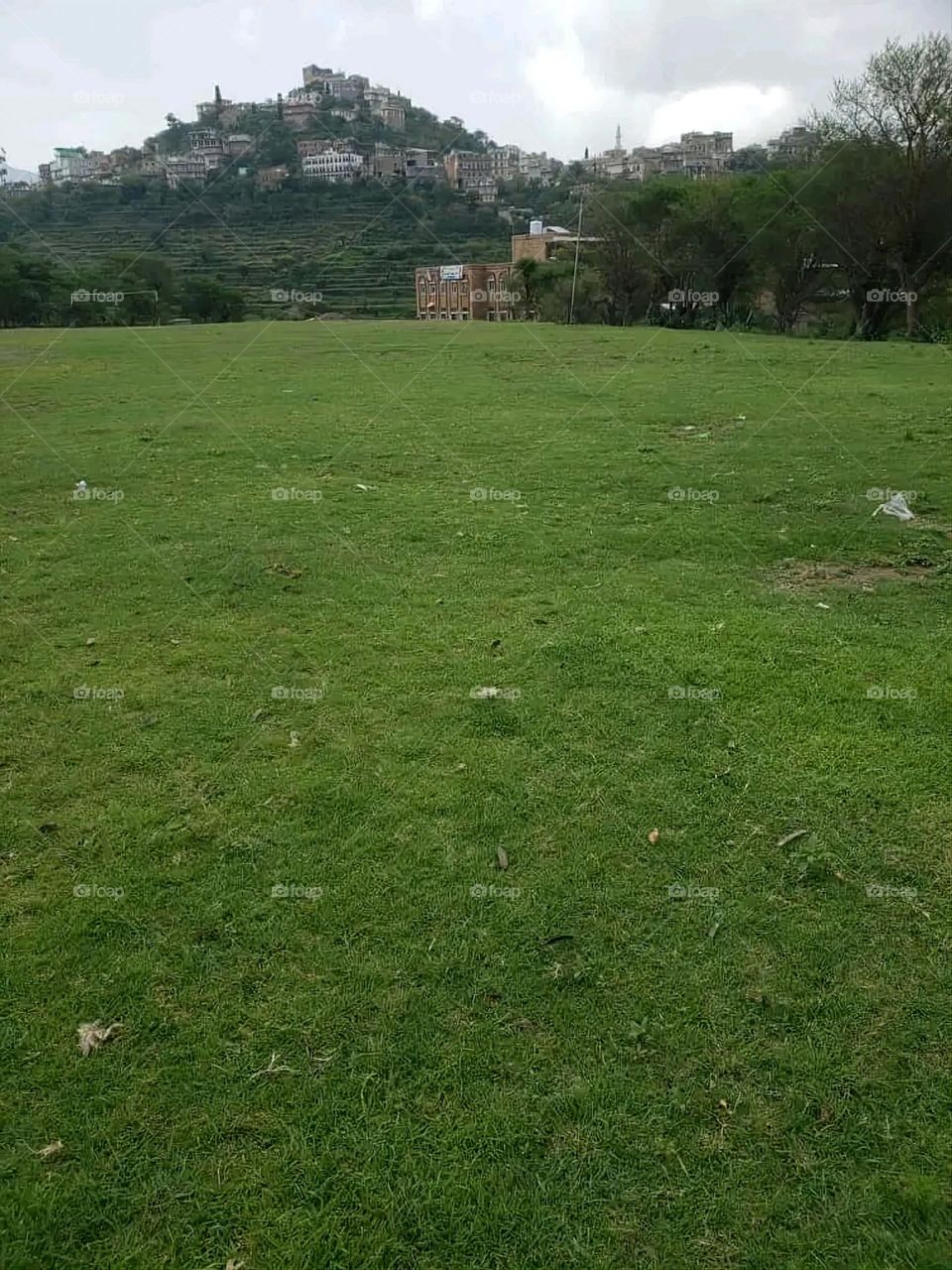 The image embodies a natural natural plate of the mountains of nature, where green agricultural stands are graded on the slopes as if they were lines of a poem, which fog harmoniously wrapped, and clouds hugged them in the mountain knife and the whis