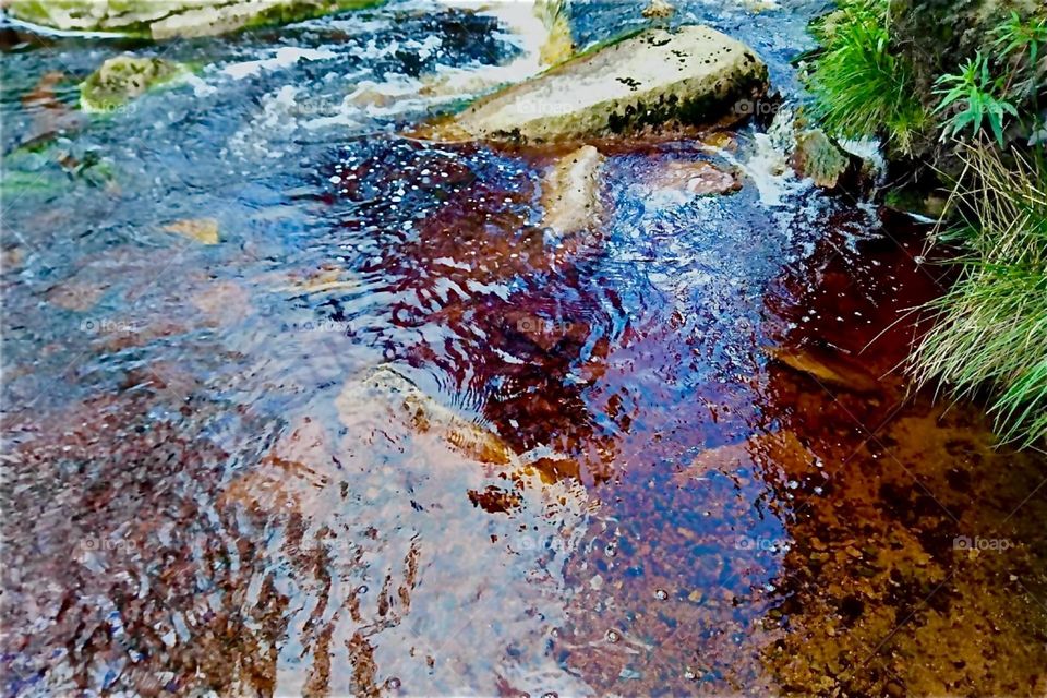 This is iron rich water by the „Oderteich“, a reservoir diverting the river „Oder“ built in the 1700s near „St Andreasberg“, “Harz“, „Saxony-Anhalt“ in former „East Germany“. 2024. Hypnotic Productions