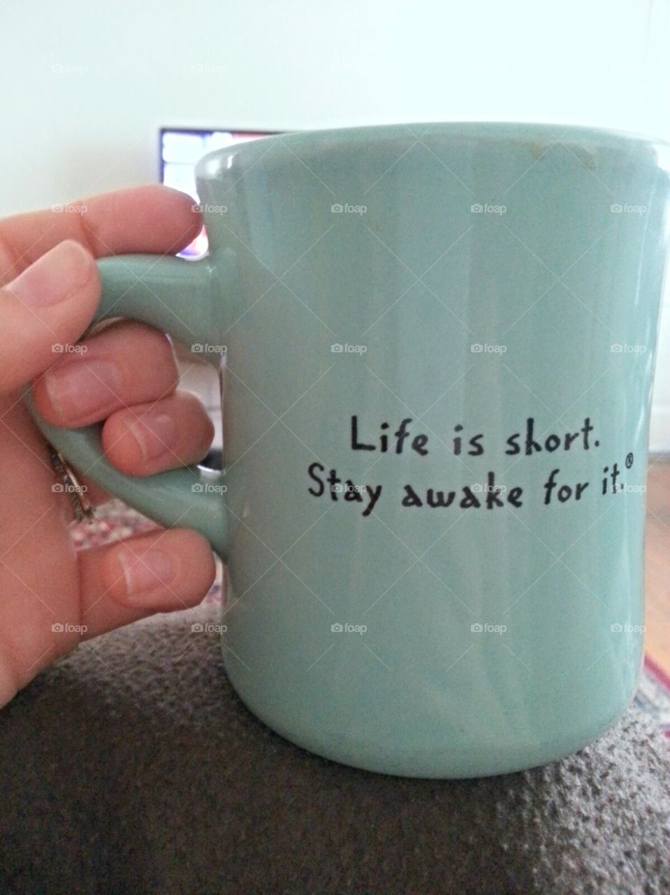 Coffee makes me run. Caribou coffee mug, "Life is short, stay awake for it"