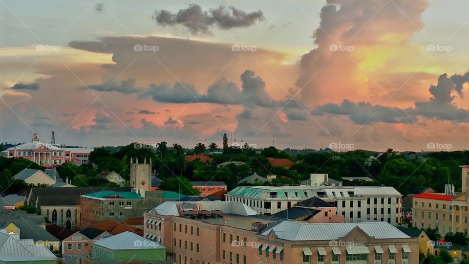 Sunsetting on the island of Nassau Bahamas.. View is from Cruise ship Royal Caribbean enchantment of the seas