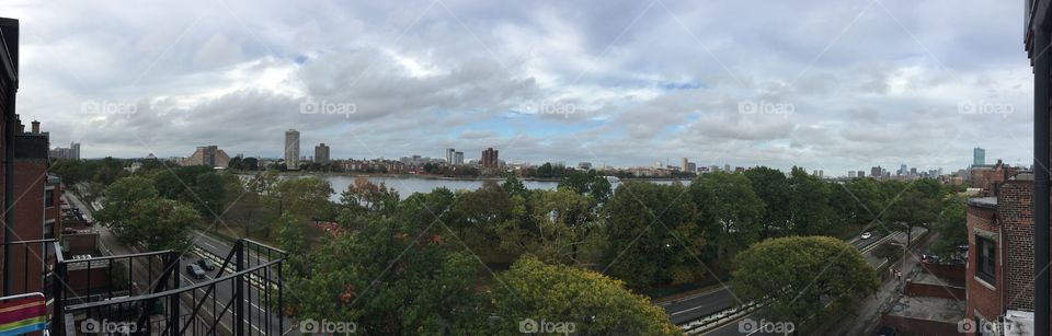 Panorama of Boston with a view of the Charles River. 