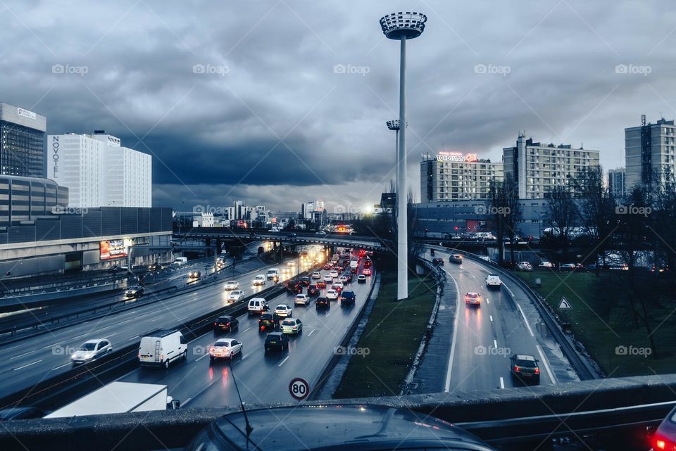 Rush hour traffic on a grey January evening around Paris