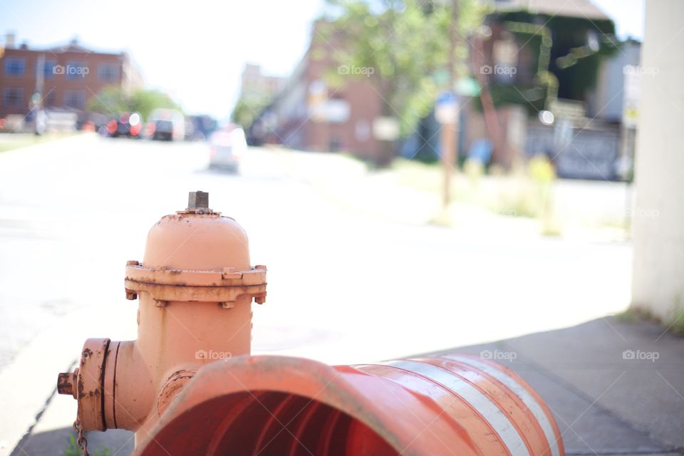 Urban decor in a city scape. Fire hydrant and disregarded signs 