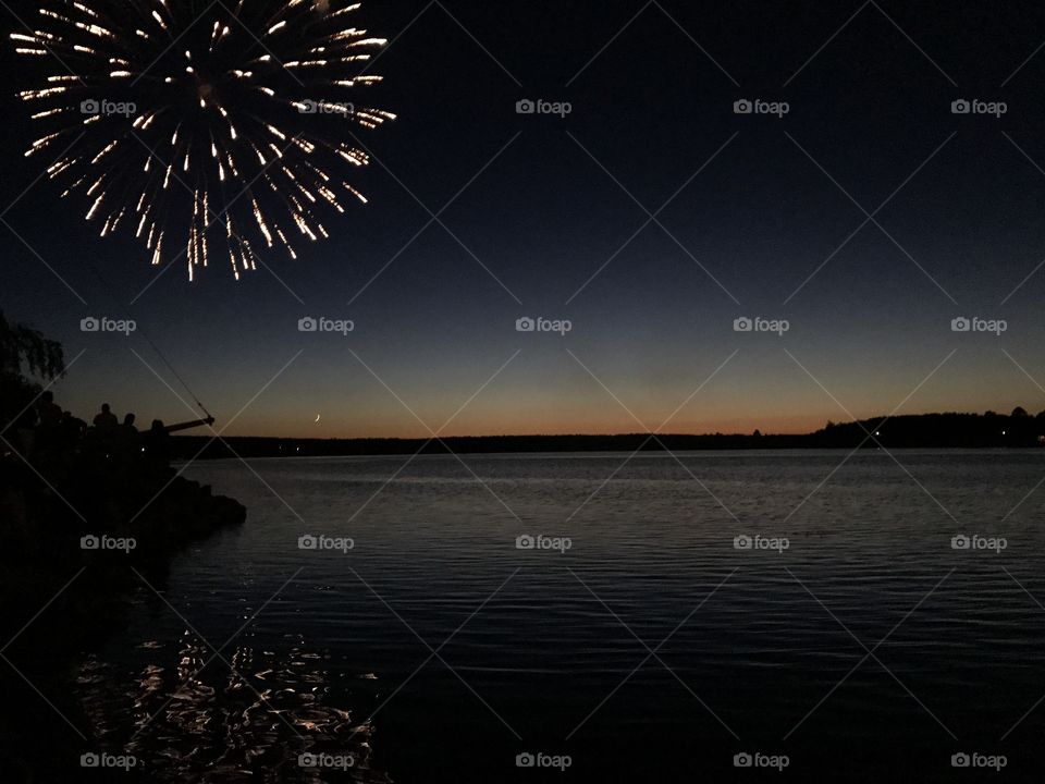 Fire works over the local harbour in celebration of Privateer Days, Liverpool, Nova Scotia. A beautiful time of the year.